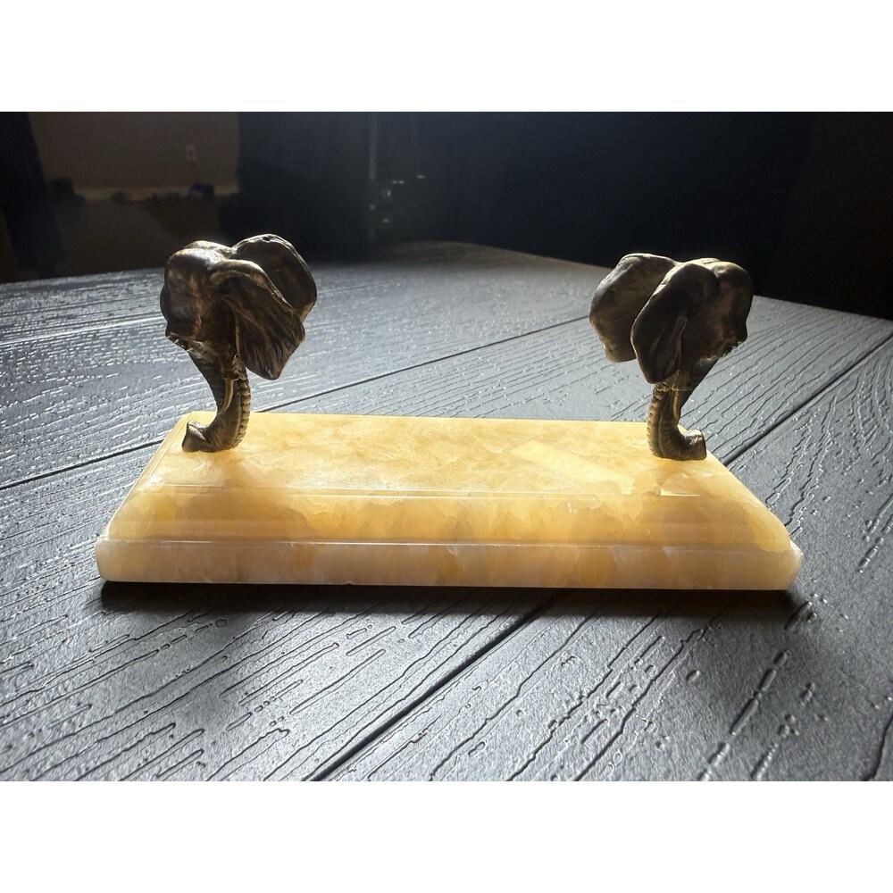 Brass Elephant Heads and Natural Onyx Card Holder. Vintage